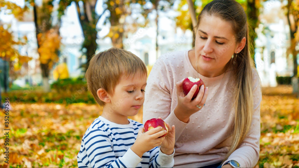 Portrait of little todler boy with mother eating red apples in autumn park Portrait of little todler boy with mother eating red apples in autumn park