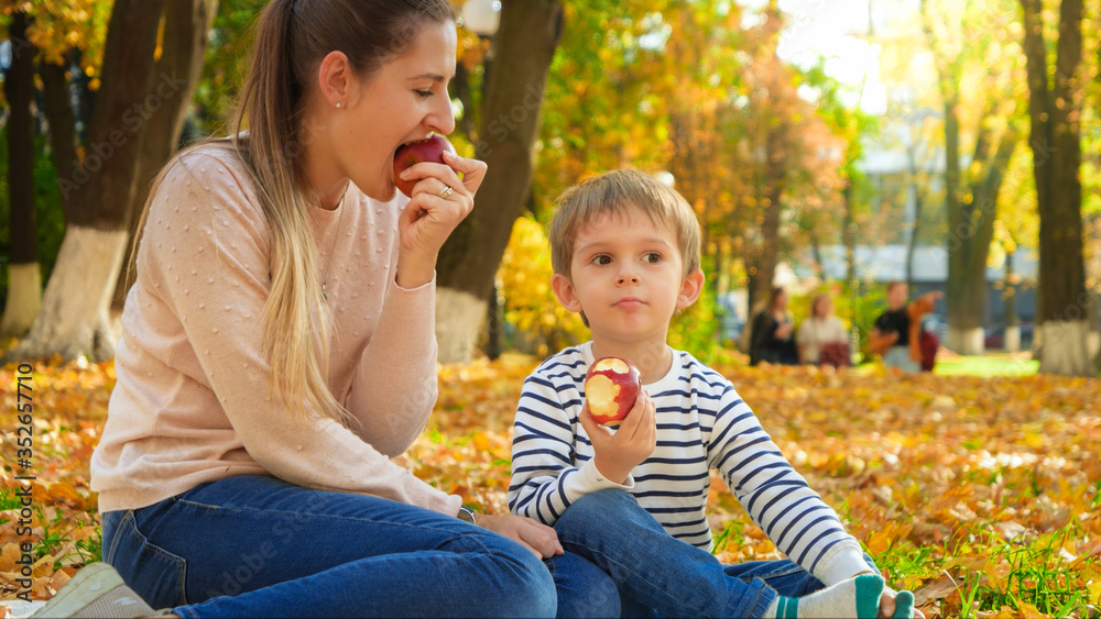 Portrait of little smiling boy with mother sitting on ground at autumn park and eating red apples Portrait of little smiling boy with mother sitting on ground at autumn park and eating red apples