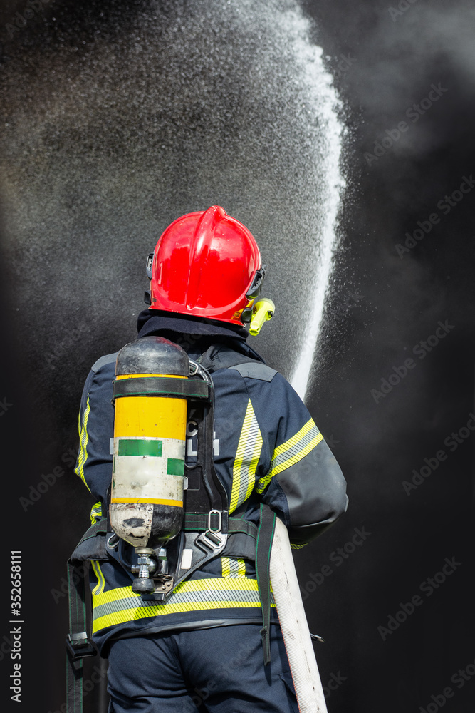 Fototapeta premium Firefighters spray water to wildfire.