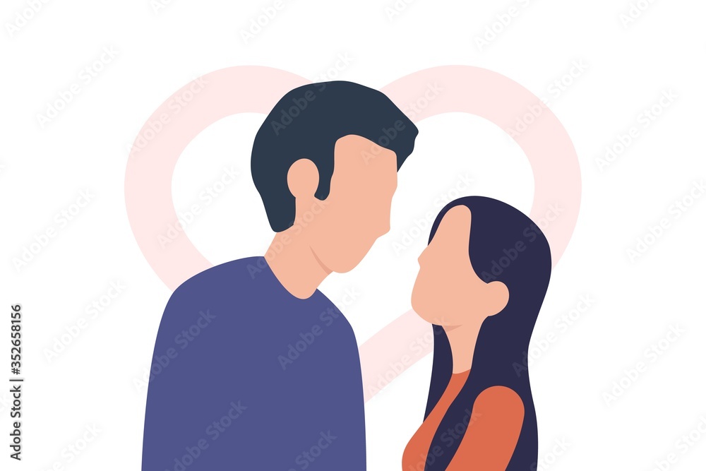 Couple in love. Boy and girl look into each other's eyes. Man and woman and heart shape behind. Vector illustration isolated on white background.