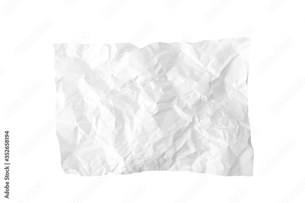 A piece of crumpled wrinkled white office paper isolated on white, texture of writing paper with wrinkles
