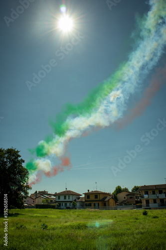 Smoke in the sky of the Italian tricolor arrows in Codogno in the province of Lodi, Italy