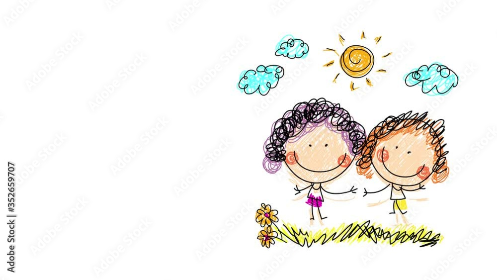 two cheerful girls best friends holding hands and smiling while jumping on golden prairie with flowers under cloudy and sunny sky painted with color pencils two cheerful girls best friends holding hands and smiling while jumping on golden prairie with flowers under cloudy and sunny sky painted with color pencils