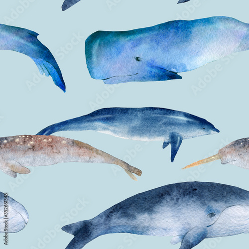 Marine seamless watercolor pattern. Whales, dolphins, narwhals on a blue background