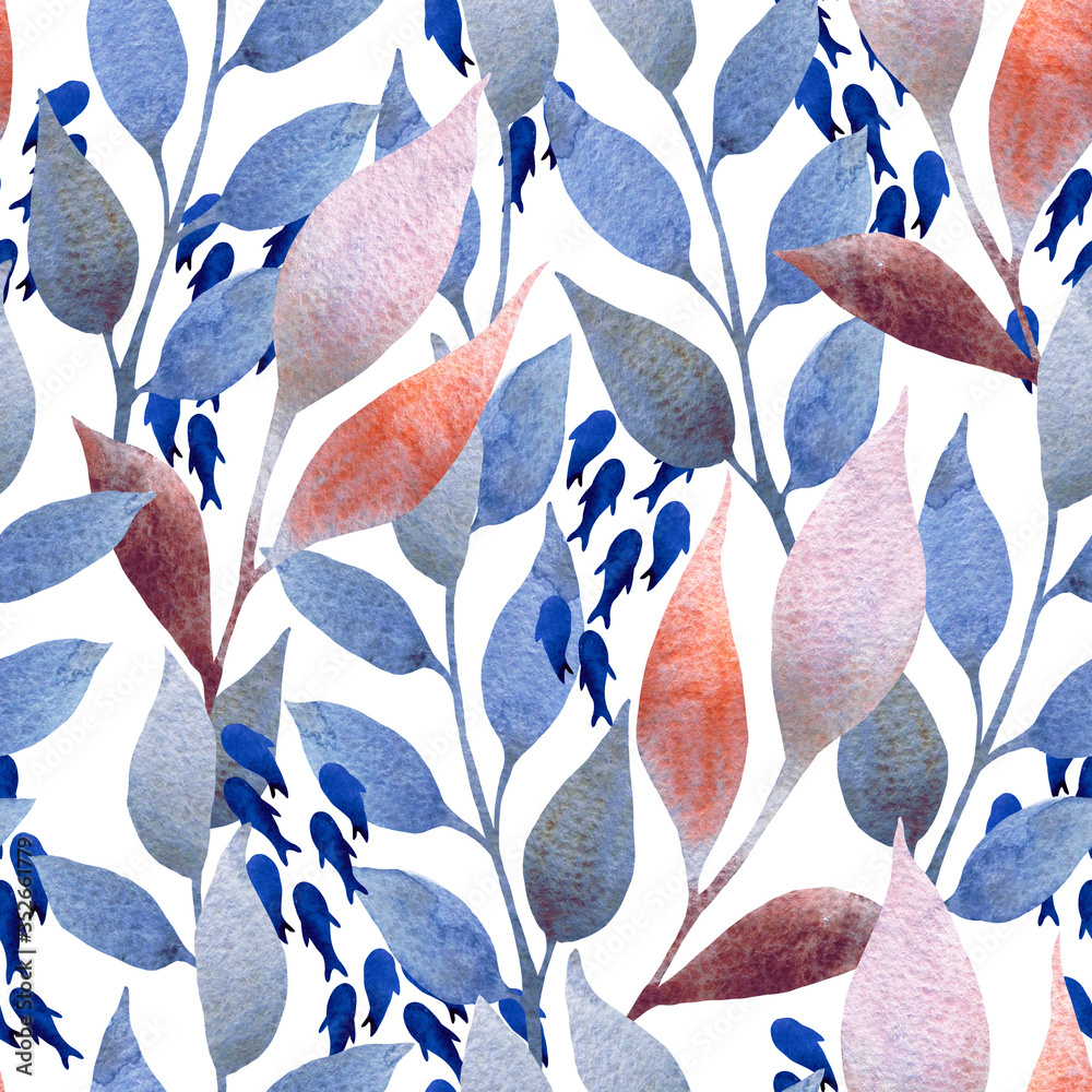 Sea seamless watercolor pattern of seaweed leaves and blue fishes on white background