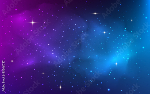 Space background with bright shining stars. Colorful starry cosmos with realistic nebula. Purple stardust galaxy. Magic night with milky way texture. Vector illustration