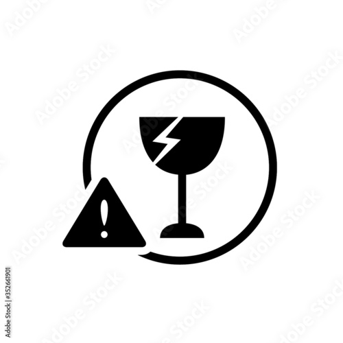 Black round fragile broken glass warning sign icon, simple easy to break flat design concept vector for app label web banner button ui ux interface elements isolated on white background
