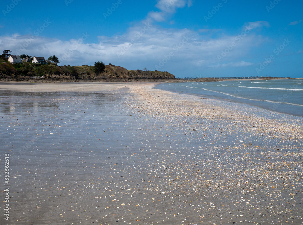 French beach full of shells at low tide.
