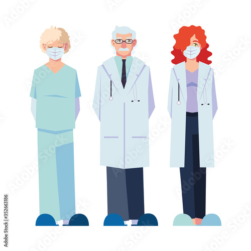 female and male doctors with uniforms and masks vector design