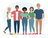 Group of five happy friends. Young people together.  Vector illustration in flat style