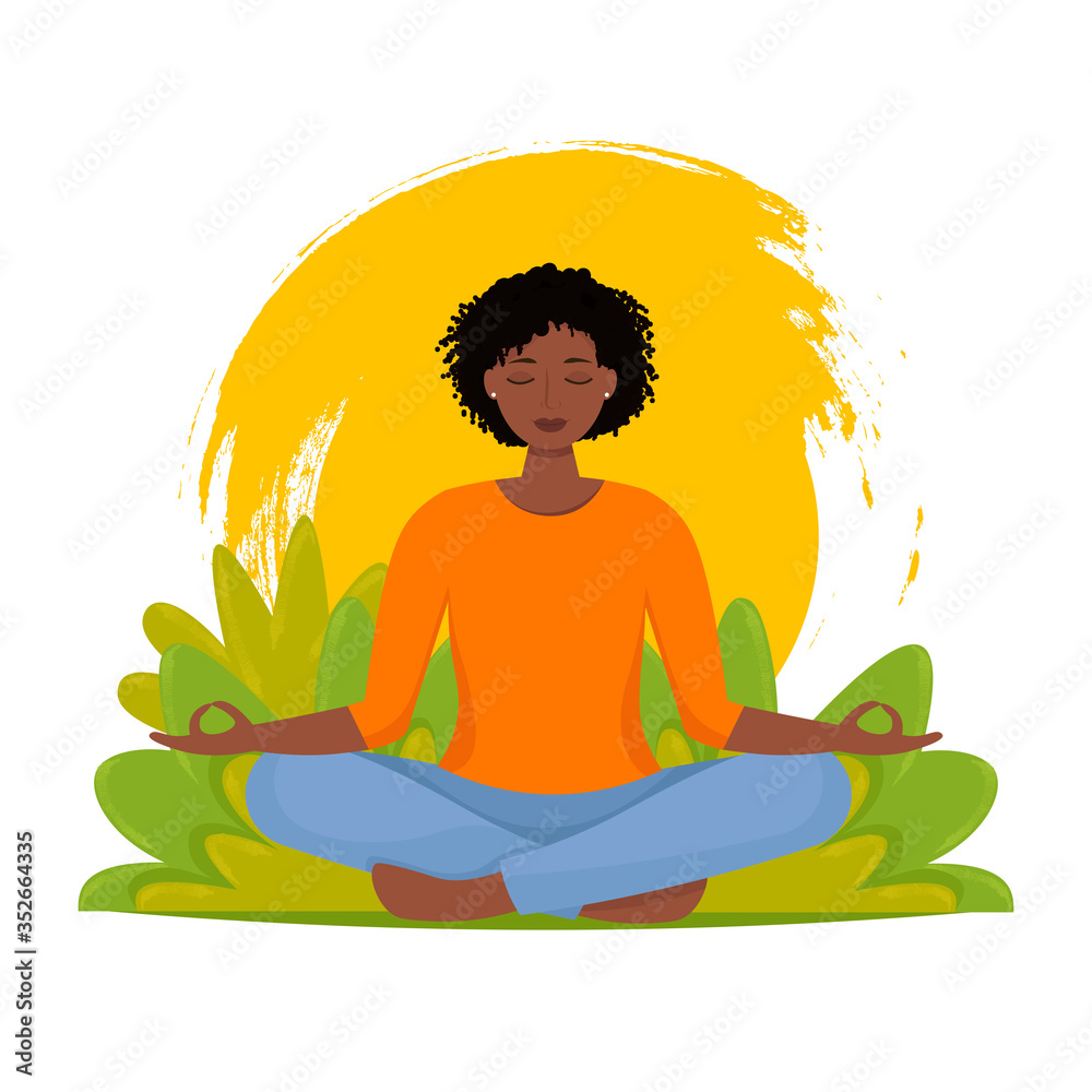 African woman meditating on nature leaves background. Yoga, sport, recreation, relax concept. Vector illustration in flat style