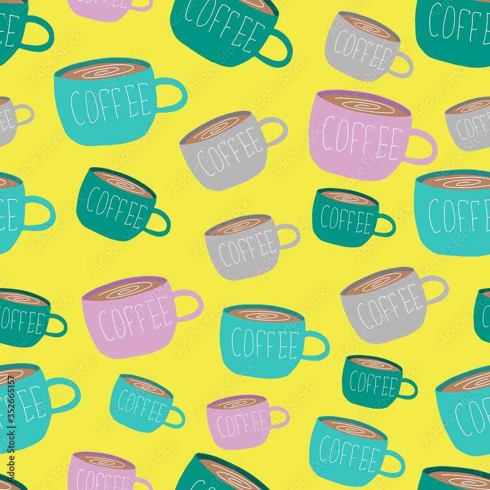 Coffee. Colorful cups with coffee on yellow background. Hot drink. Americano, cappuccino, latte, espresso, mocha. Vector seamless pattern.