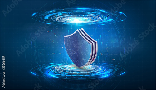 Digital protection mechanism, system privacy. Data secure. Futuristic circle vector HUD, GUI interface screen design. Abstract style on blue background.  Technology communication, innovation concept.