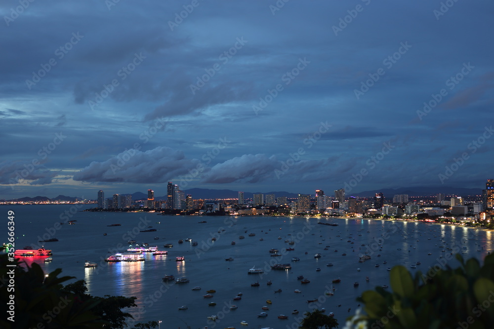 Pattaya city high angle view in the evening, Thailand