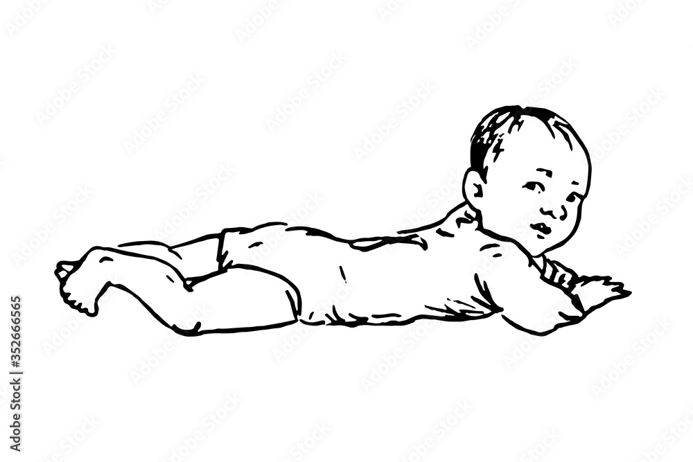 Baby laying on tummy, hand drawn doodle, drawing in gravure style ...