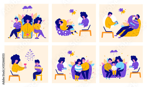 Family with child consultation with psychologist online, vector flat cartoon illustration set