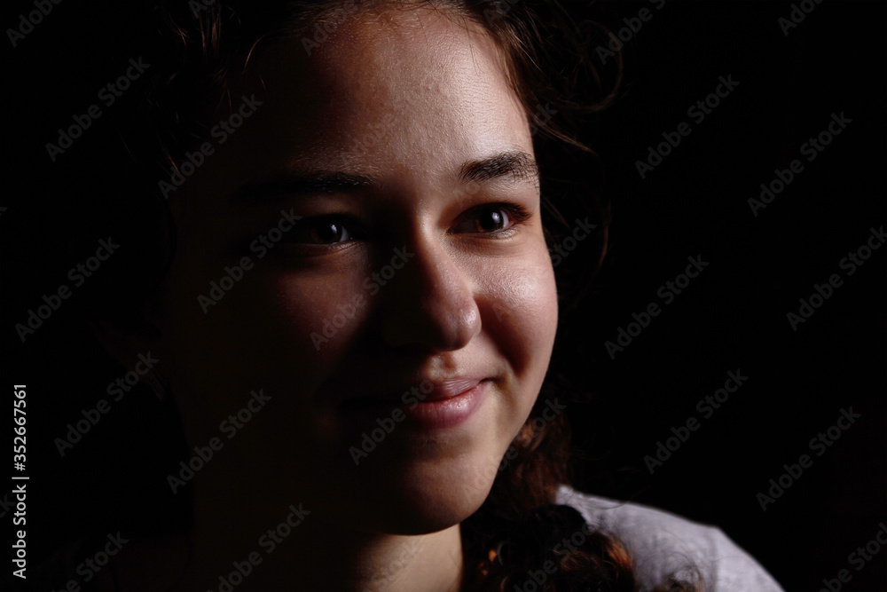 portrait on black mystery girl close up portrait on black mystery girl close up