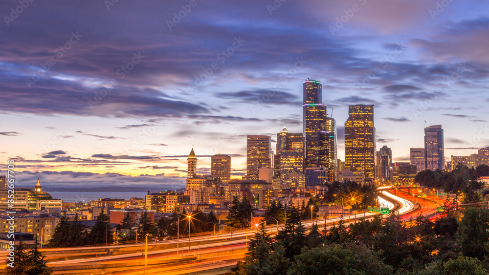 View of Seattle downtown over I5 interstate highway at sunset from Dr. Jose Rizal Park, Washington, USA