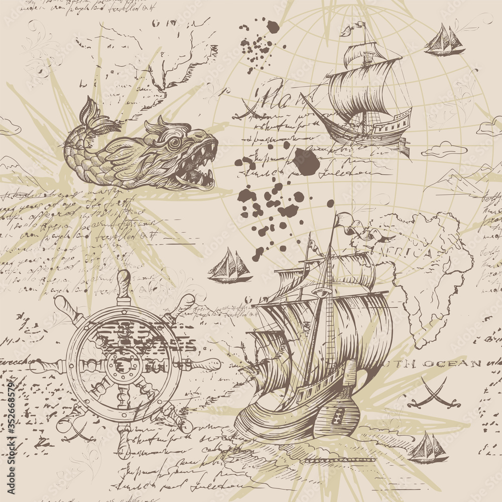 Naklejka premium Vector abstract seamless pattern on the theme of travel, adventure and discovery and pirates. Vintage repeating background with hand-drawn ships, anchors, wind rose and islands.