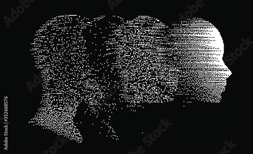 Artificial intelligence concept. Human head with glitched pixels, distorted profile of a woman made of square particles.