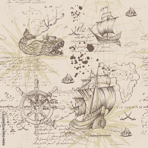 Vector abstract seamless pattern on the theme of travel, adventure and discovery and pirates. Vintage repeating background with hand-drawn ships, anchors, wind rose and islands.