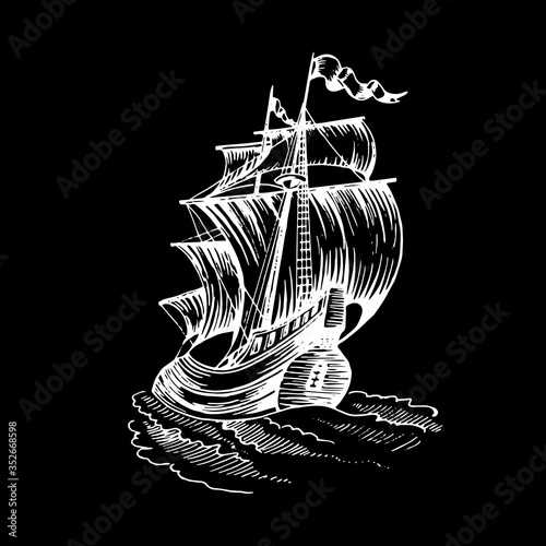 Old sailboat ship. Vector image.