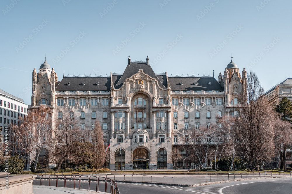 Art Nouveau style Gresham Palace facade in Budapest Hungary