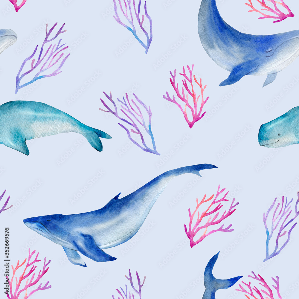 Fototapeta premium Watercolor seamless pattern with whales, beluga, corals on a blue background. Texture with oceanic mammals for wallpaper, packaging, scrapbooking, fabrics, textiles