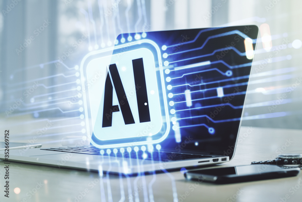 Double exposure of creative artificial Intelligence icon with modern laptop on background. Neural networks and machine learning concept
