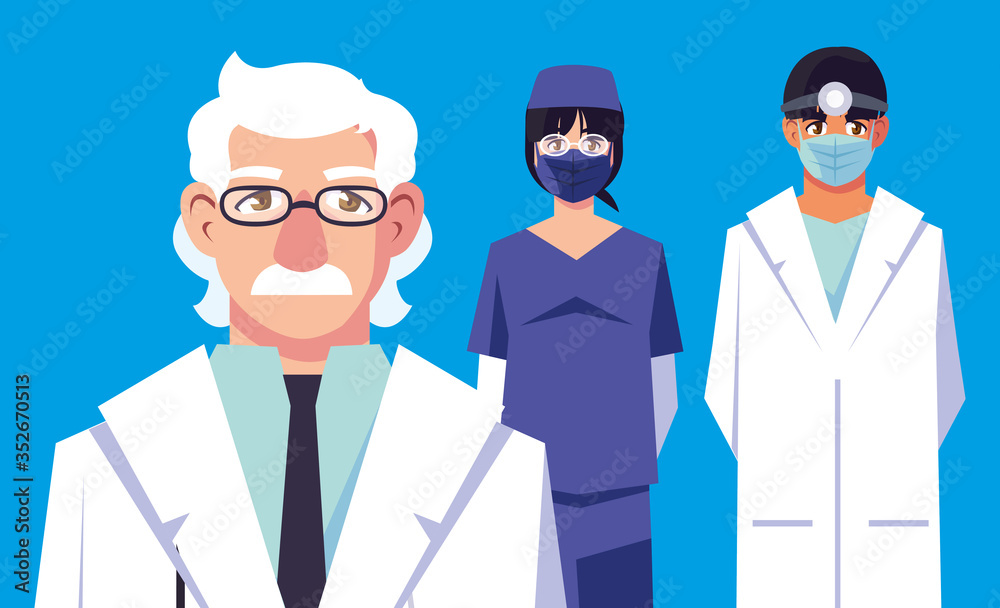 Men and woman doctors with uniforms and masks vector design Men and woman doctors with uniforms and masks vector design
