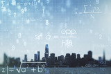 Double exposure of scientific formula hologram on San Francisco city skyscrapers background, research and development concept