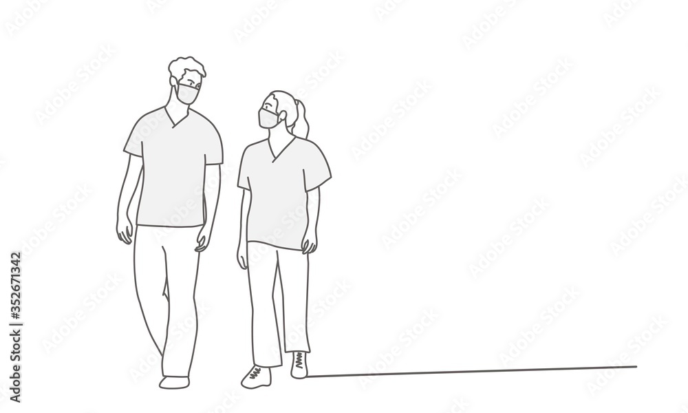 Medical staff in a protective mask go and talk. Line drawing vector illustration.