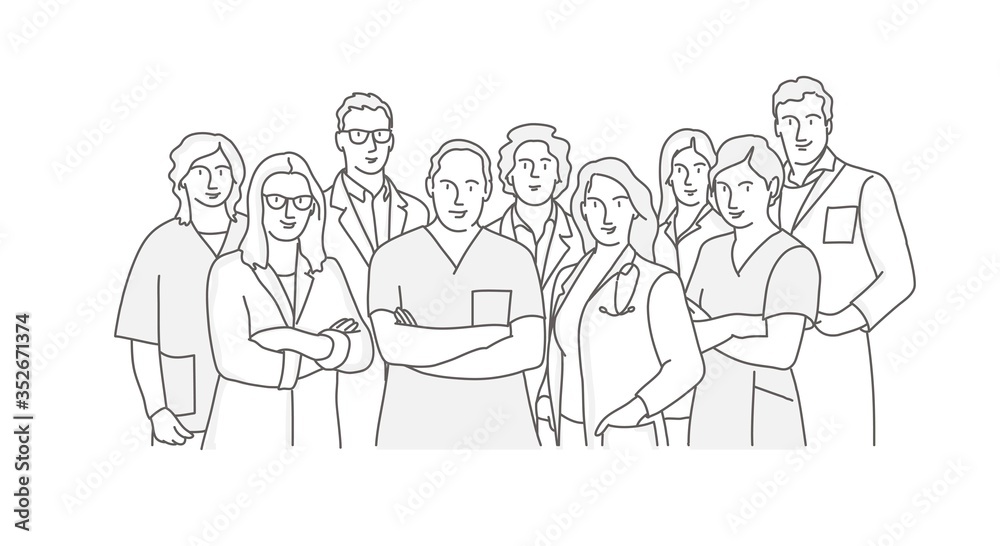 Medical team doctor nurse therapist surgeon professional hospital workers, group of medics. Line drawing vector illustration.