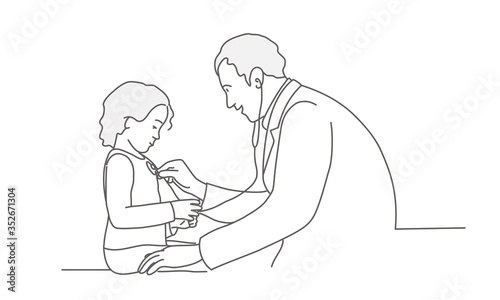 Doctor examines a little girl. Line drawing vector illustration. 