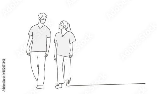 Medical staff in a protective mask go and talk. Line drawing vector illustration.