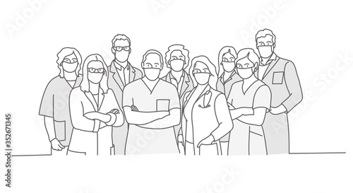 Group of doctors and nurses in medical face mask. Stop Coronavirus concept. Line drawing vector illustration.