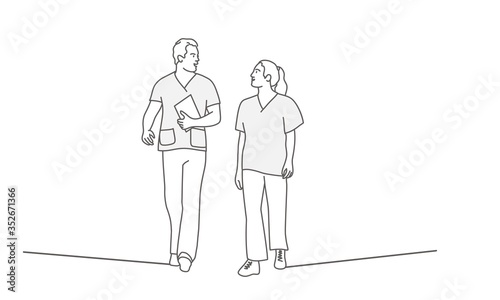 Medical staff go and talk. Line drawing vector illustration. 