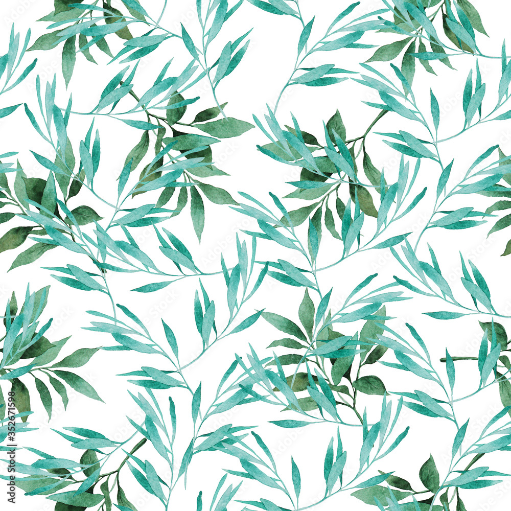 Obraz Watercolor seamless pattern of green leaves and twigs on a white background