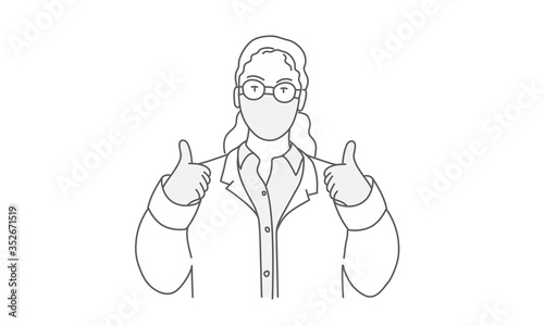 Doctor in protective mask showing thumb up. Doctor wearing surgical mask for corona virus. Line drawing vector illustration.