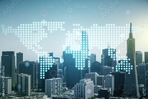 Abstract creative digital world map on San Francisco cityscape background  globalization concept. Multiexposure