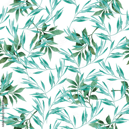 Watercolor seamless pattern of green leaves and twigs on a white background