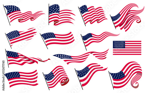 Collection waving flags of the United States of America. Illustration of wavy American Flags. National symbol, American flags on white background - vector illustration