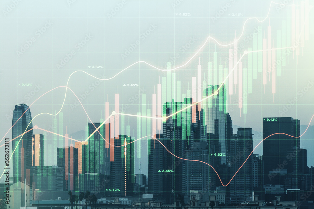 Multi exposure of virtual abstract financial diagram on Los Angeles office buildings background, banking and accounting concept Multi exposure of virtual abstract financial diagram on Los Angeles office buildings background, banking and accounting concept