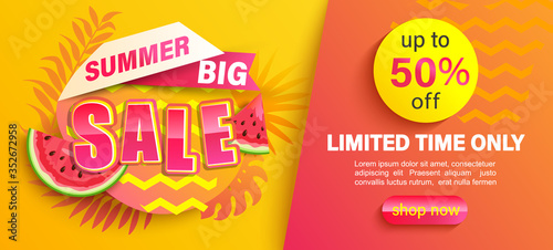 Summer big Sale banner, up to 50 percent limited time discount, promotion,hot season promo with tropical leaves,watermelon.Invitation for shopping, special offer card, template for design,flyer.Vector