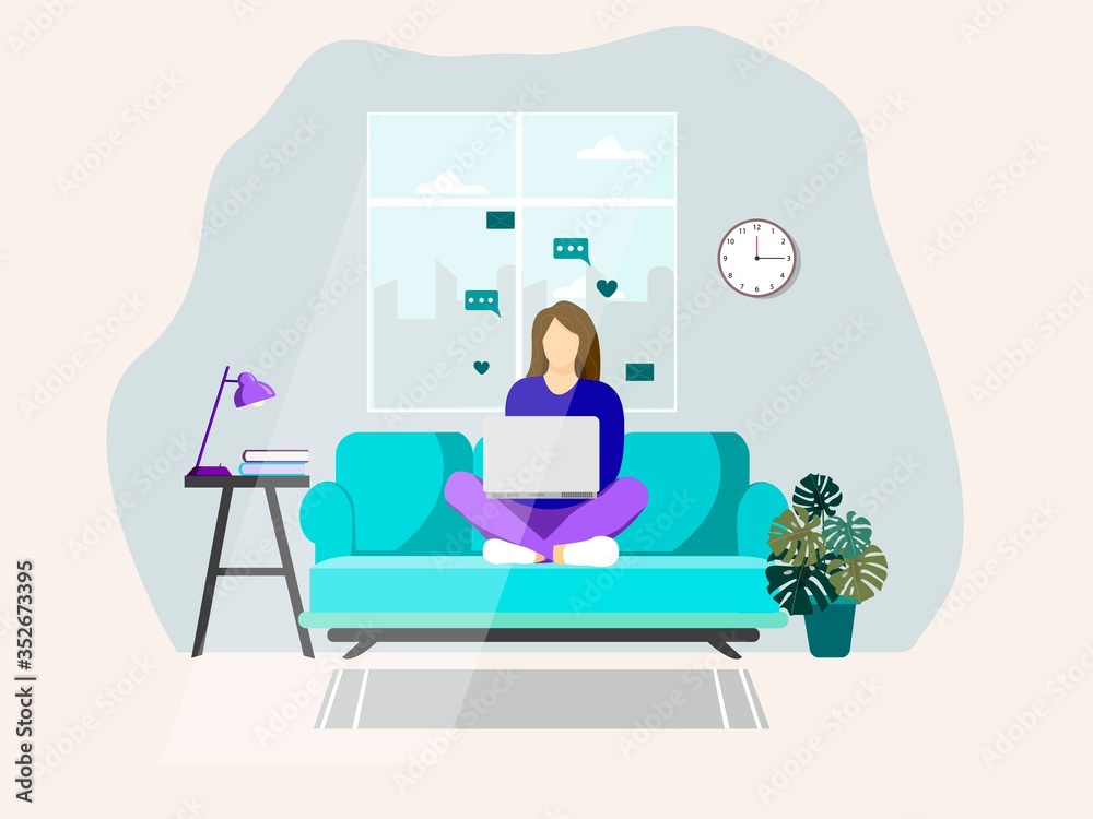 Home office concept. The woman who works on the couch. Freelancer. Flat illustratio