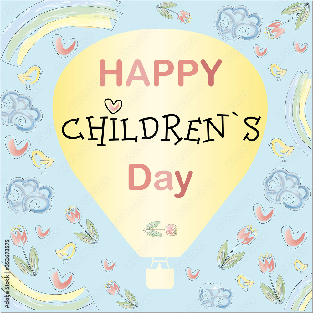 Fototapeta premium Greeting card with the international children's day. Cute postcard with watercolor illustrations of flowers, hearts, rainbows and balloons. Poster for children's day, knowledge day, or kindergarten
