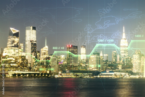 Multi exposure of stats data illustration on New York city skyline background, computing and analytics concept © Pixels Hunter