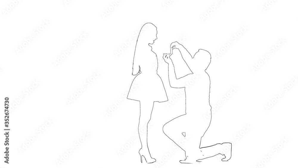 Outline sketch of guy proposes to marry the girl, she says yes and hugs. Silhouette. White background Outline sketch of guy proposes to marry the girl, she says yes and hugs. Silhouette. White background