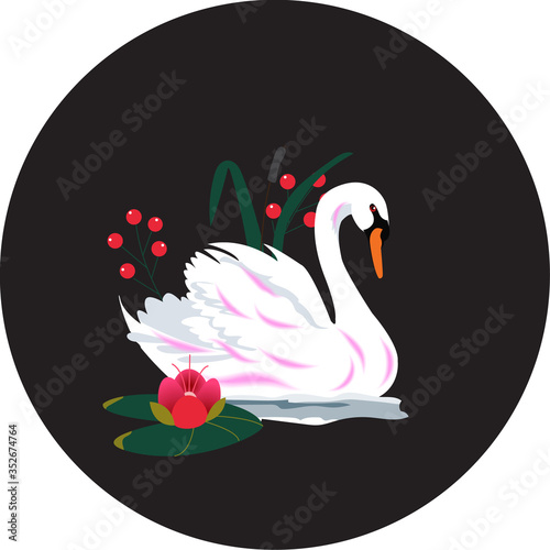 Vector illustration of a Swan on a black background. Floating elegant Swan bird, a beautiful wildlife sketch. Royal Swan ink-based illustration, hand-drawn animals.