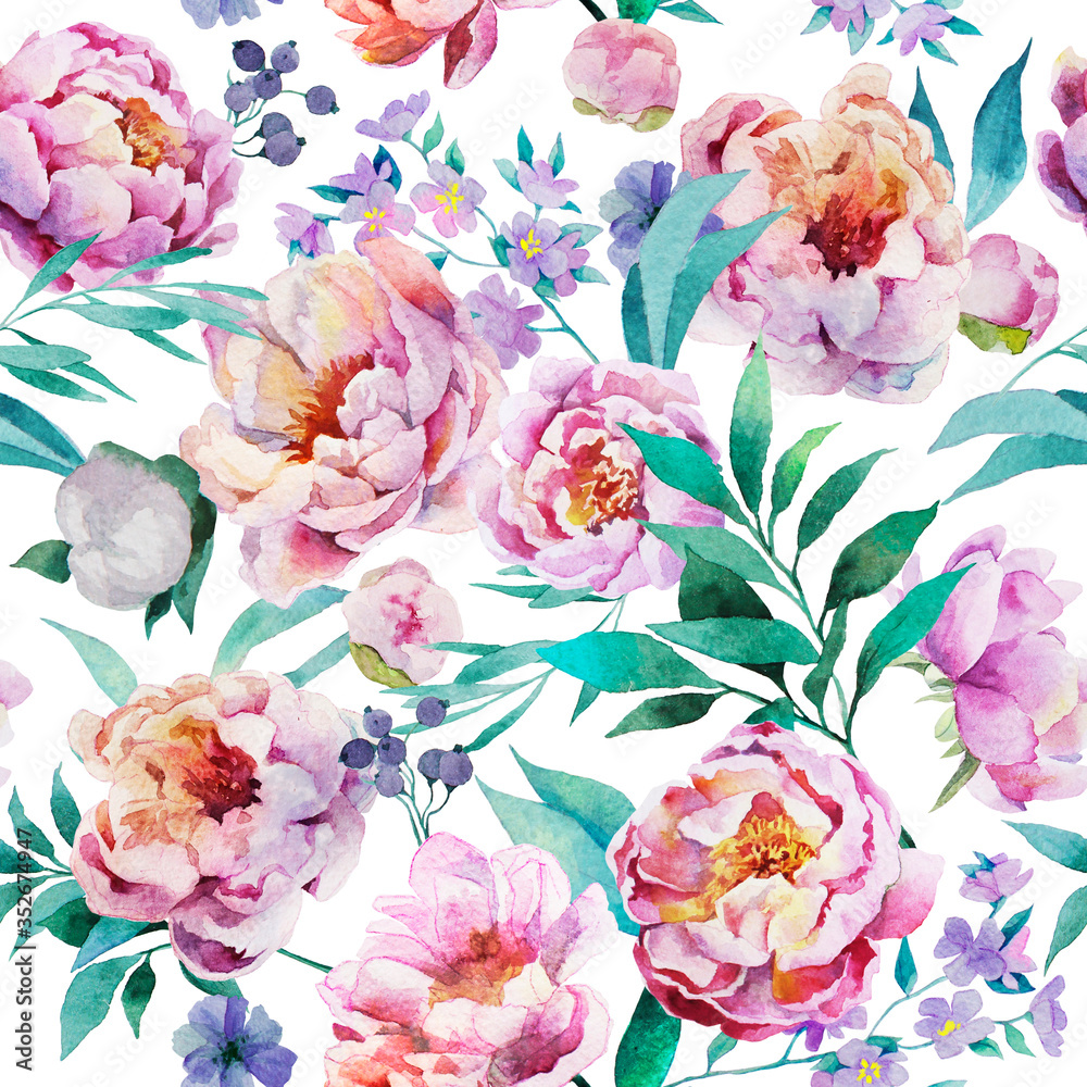 Watercolor seamless pattern with pink peonies, berries, leaves and berries on white. Abstract pattern for fabric, wallpaper and other prints. Watercolor seamless pattern with pink peonies, berries, leaves and berries on white. Abstract pattern for fabric, wallpaper and other prints.